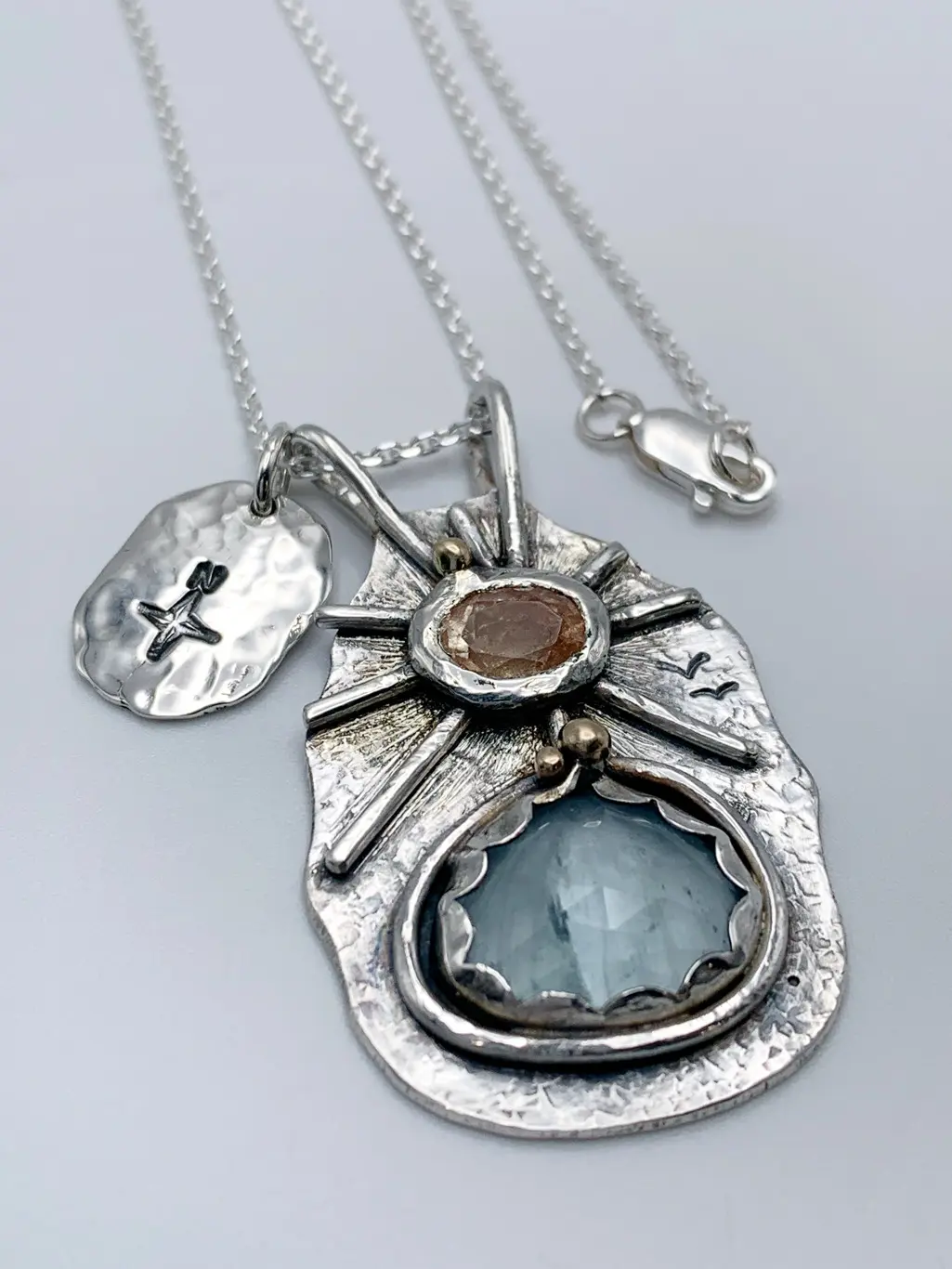 "North Star and the City by the Lake" Pendant Necklace / Solid Sterling Silver / Fine Silver / 14k Gold / Aquamarine / Sunstone / Hand Forged - Image 2