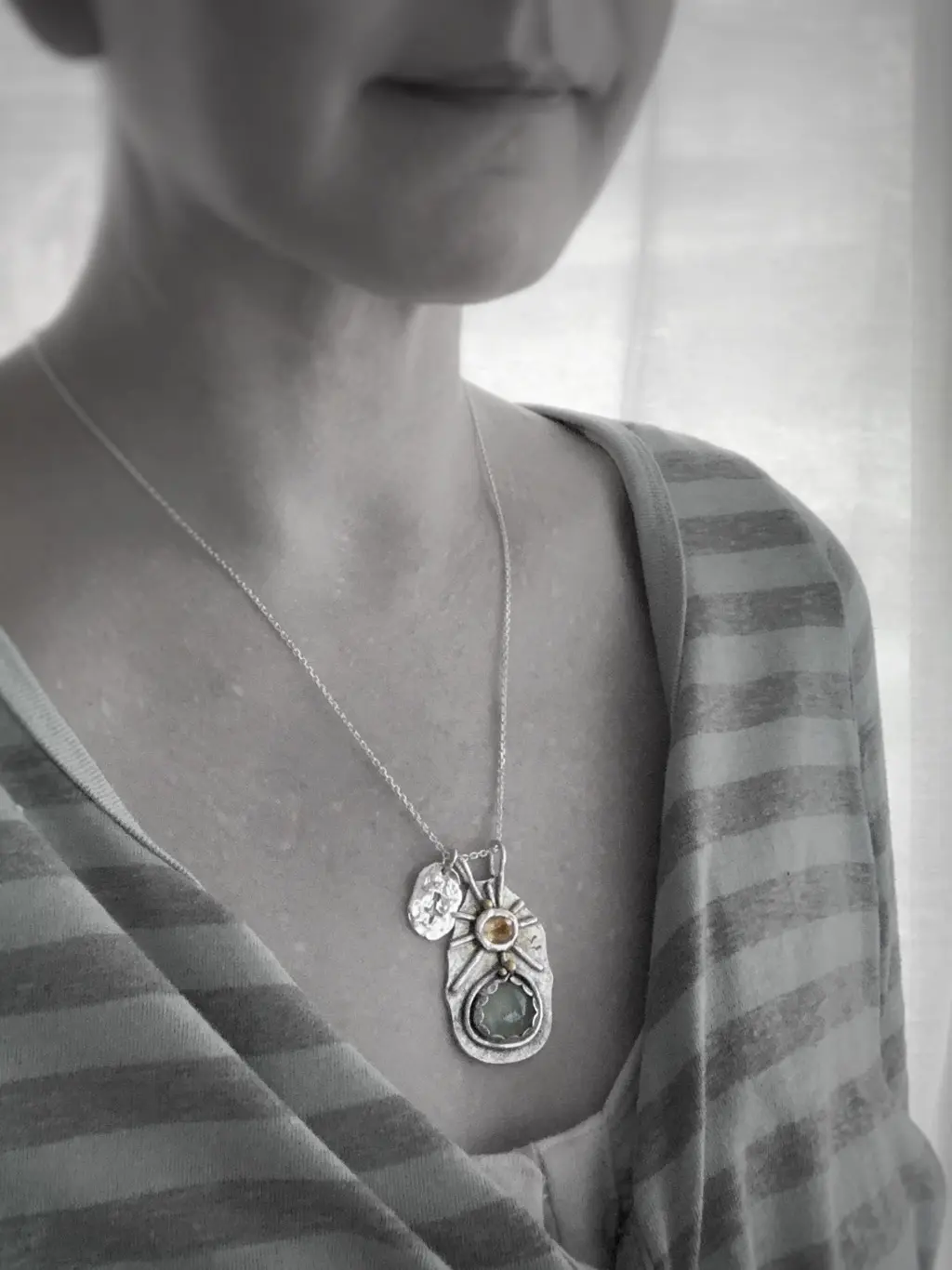 "North Star and the City by the Lake" Pendant Necklace / Solid Sterling Silver / Fine Silver / 14k Gold / Aquamarine / Sunstone / Hand Forged - Image 4