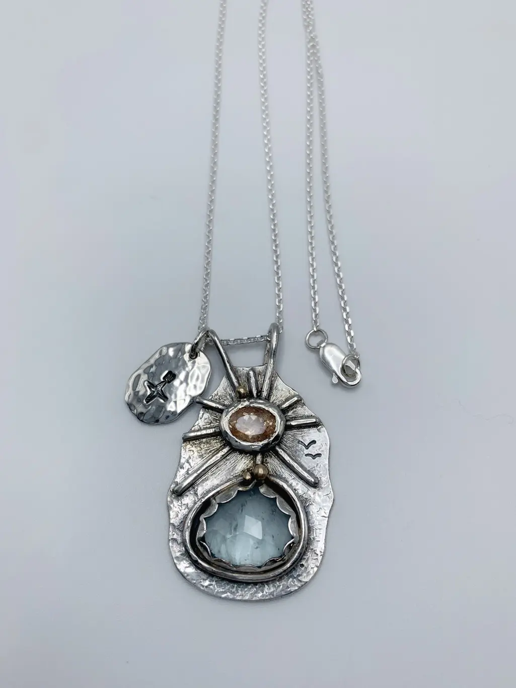 "North Star and the City by the Lake" Pendant Necklace / Solid Sterling Silver / Fine Silver / 14k Gold / Aquamarine / Sunstone / Hand Forged - Image 3