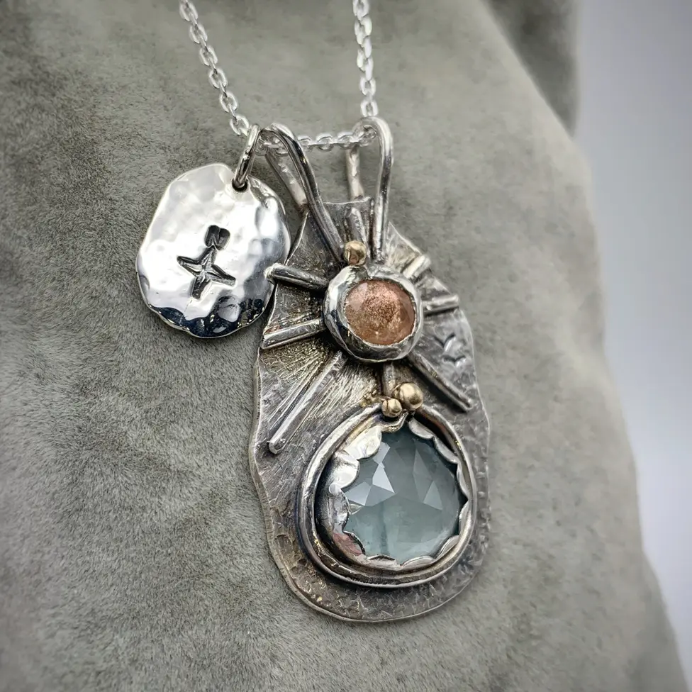 "North Star and the City by the Lake" Pendant Necklace / Solid Sterling Silver / Fine Silver / 14k Gold / Aquamarine / Sunstone / Hand Forged - Image 8
