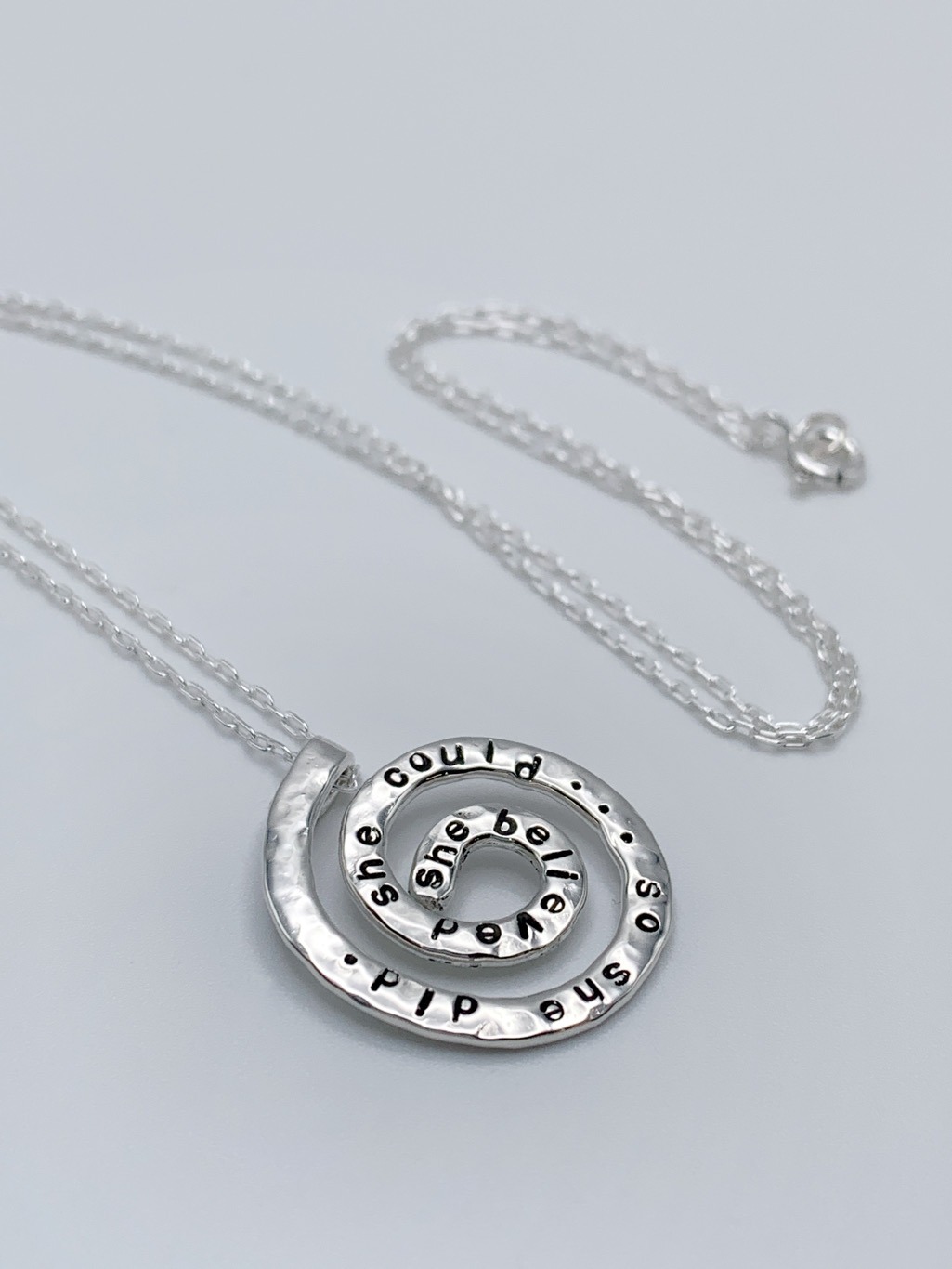 "She Believed" Spiral Necklace / Solid Sterling Silver / Koru Spiral / Hammer Forged / Hand Engraved - Image 2
