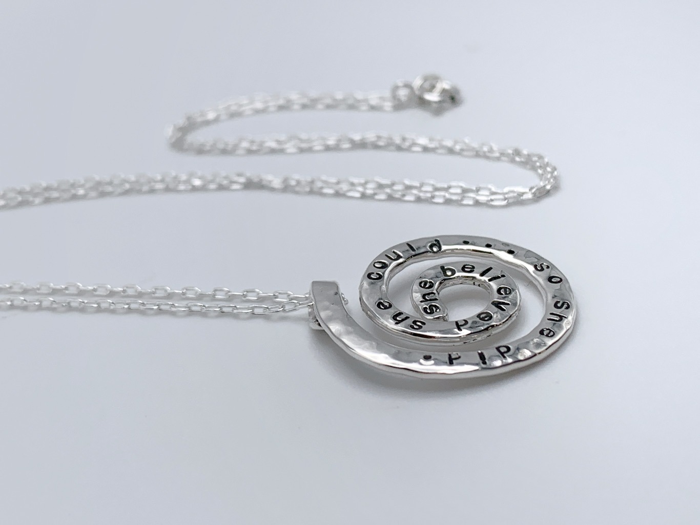 "She Believed" Spiral Necklace / Solid Sterling Silver / Koru Spiral / Hammer Forged / Hand Engraved - Image 4