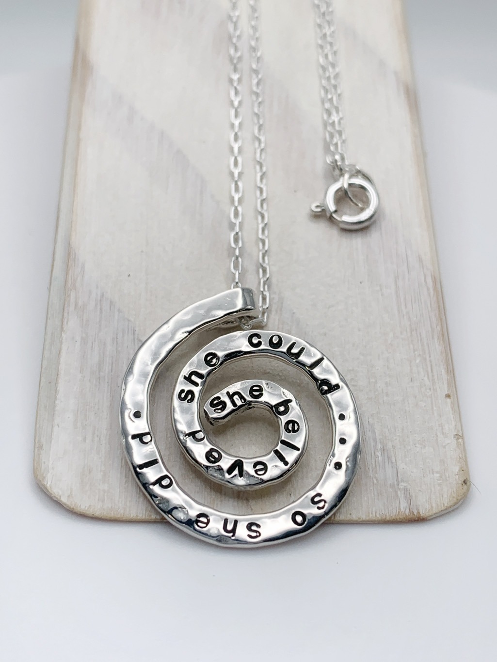 "She Believed" Spiral Necklace / Solid Sterling Silver / Koru Spiral / Hammer Forged / Hand Engraved - Image 5