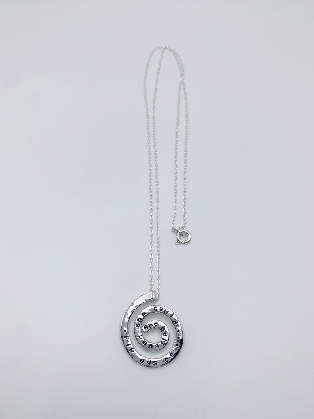 "She Believed" Spiral Necklace / Solid Sterling Silver / Koru Spiral / Hammer Forged / Hand Engraved - Image 9