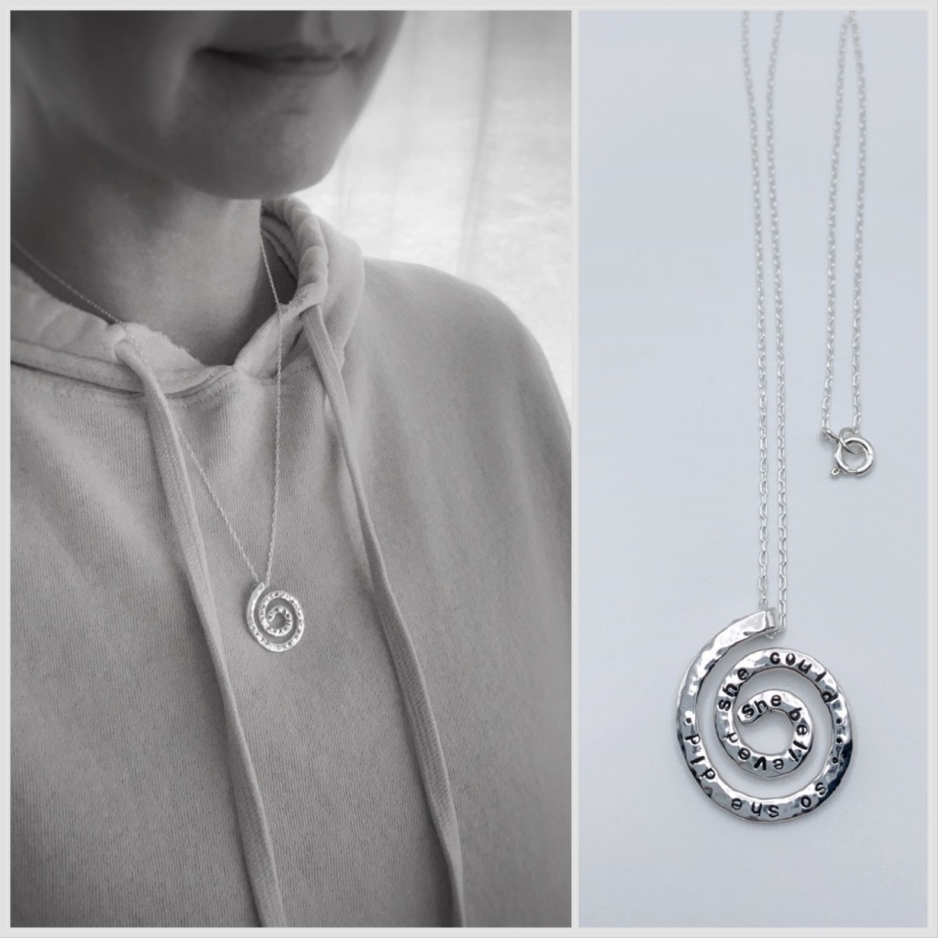 "She Believed" Spiral Necklace / Solid Sterling Silver / Koru Spiral / Hammer Forged / Hand Engraved - Image 3