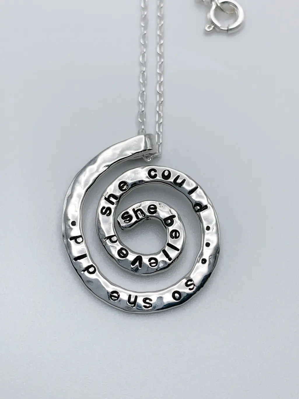 “She Believed” Spiral Necklace / Solid Sterling Silver / Koru Spiral / Hammer Forged / Hand Engraved