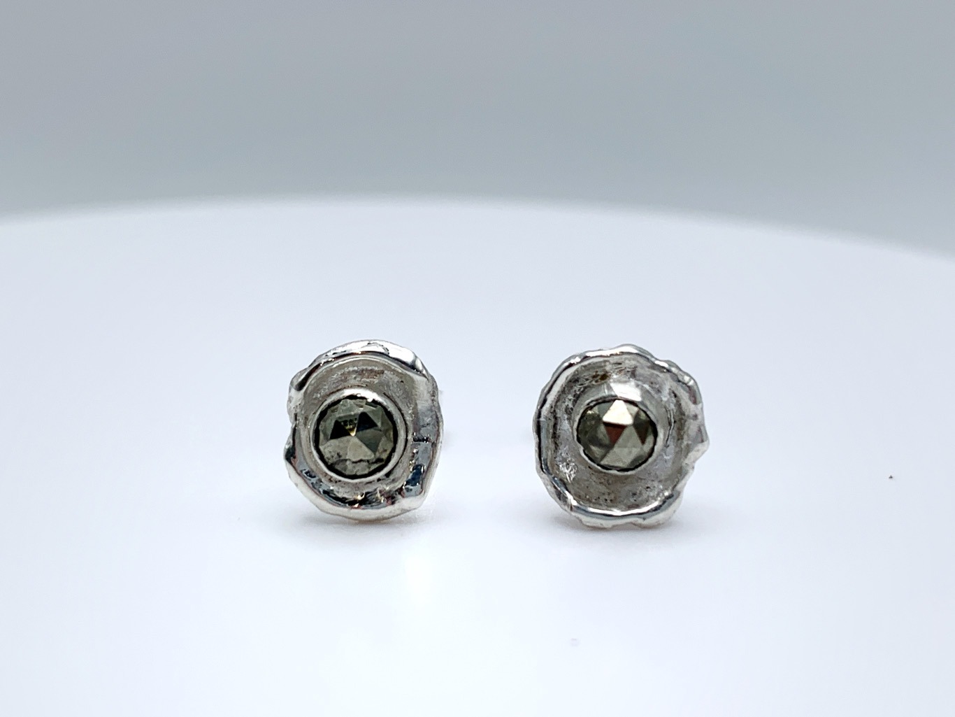 Impressionist Flower Stud Earrings / Solid Sterling Silver / Faceted Pyrite / Hand Forged Unique Flower Earrings - Image 3