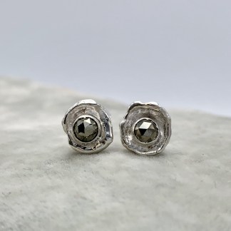 Impressionist Flower Stud Earrings / Solid Sterling Silver / Faceted Pyrite / Hand Forged Unique Flower Earrings