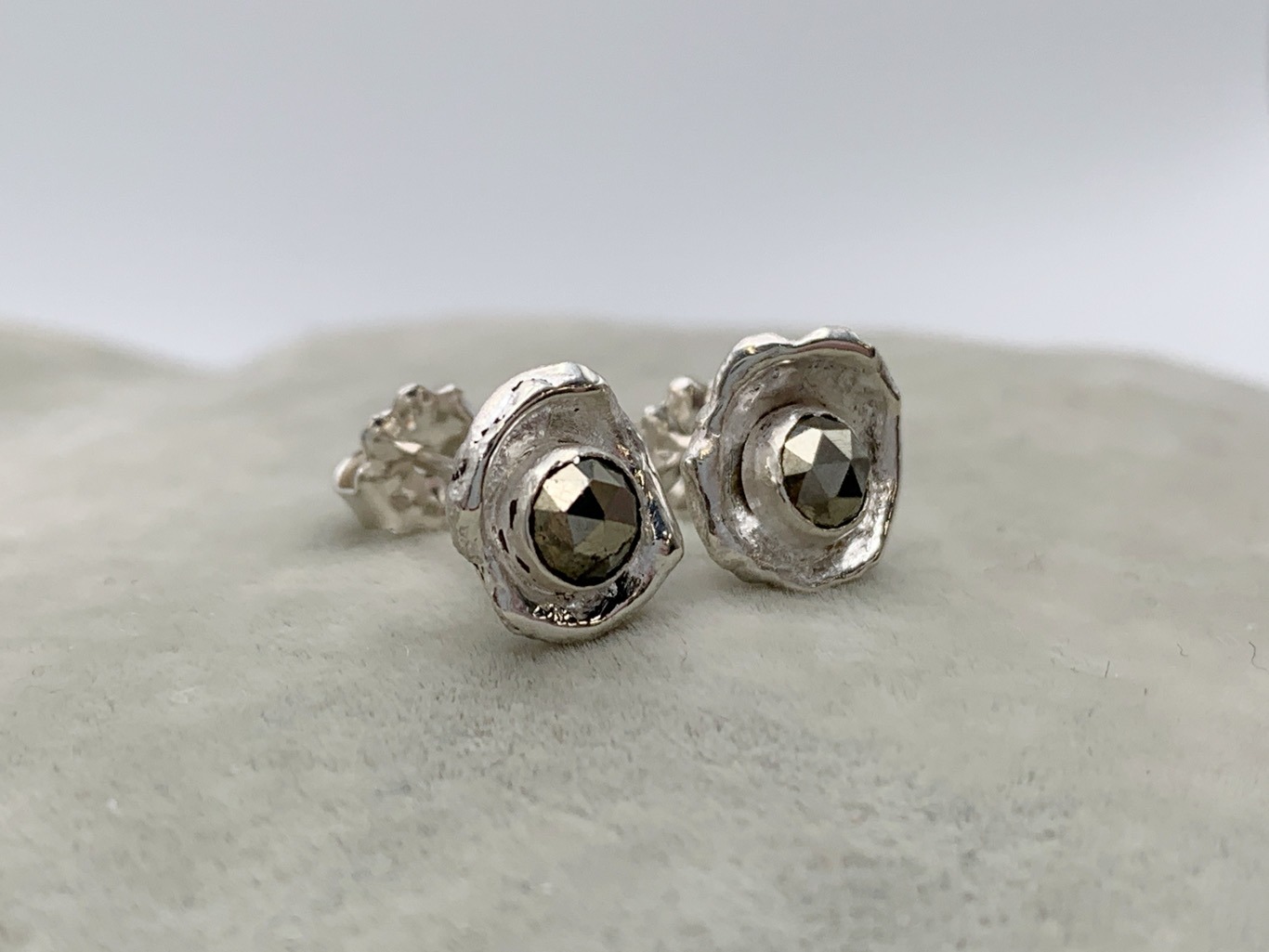 Impressionist Flower Stud Earrings / Solid Sterling Silver / Faceted Pyrite / Hand Forged Unique Flower Earrings - Image 2