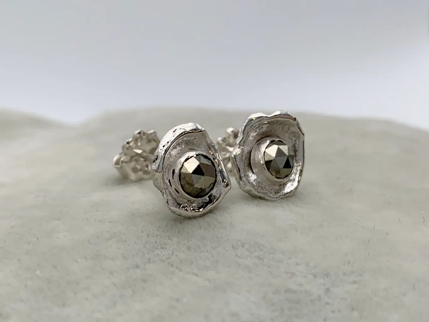 Impressionist Flower Stud Earrings / Solid Sterling Silver / Faceted Pyrite / Hand Forged Unique Flower Earrings - Image 2