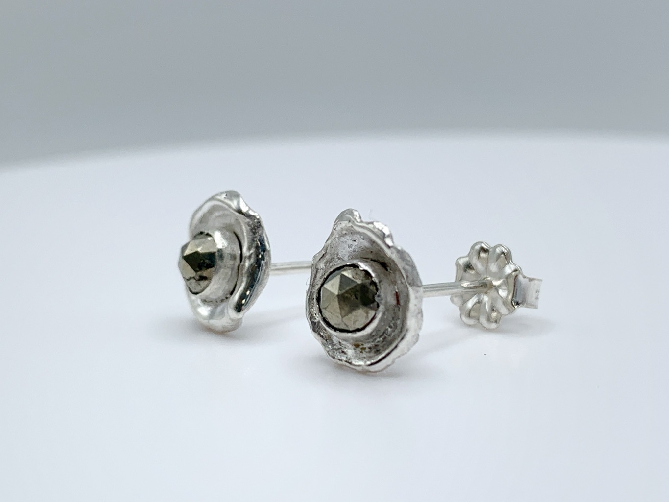Impressionist Flower Stud Earrings / Solid Sterling Silver / Faceted Pyrite / Hand Forged Unique Flower Earrings - Image 5