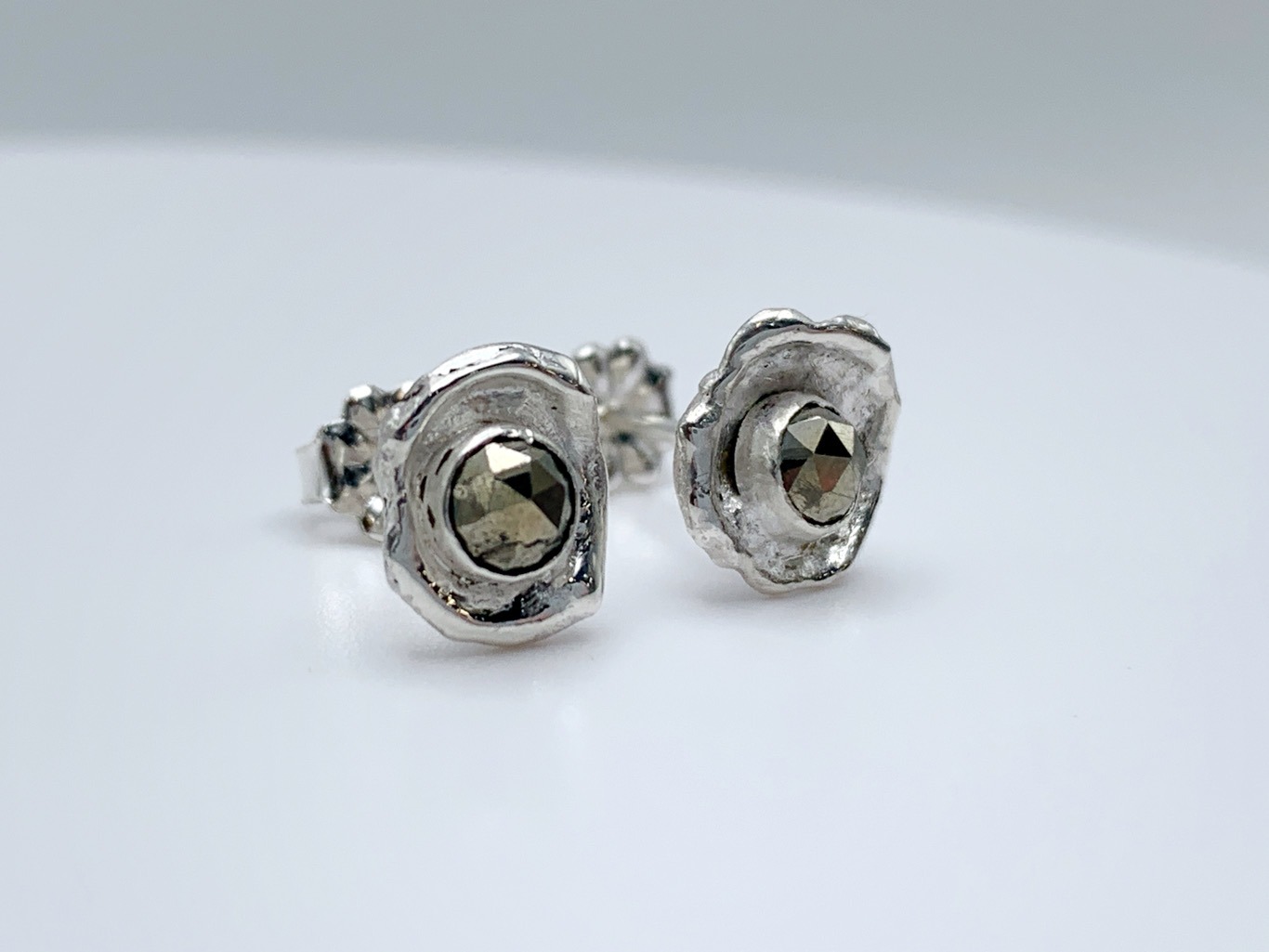 Impressionist Flower Stud Earrings / Solid Sterling Silver / Faceted Pyrite / Hand Forged Unique Flower Earrings - Image 4