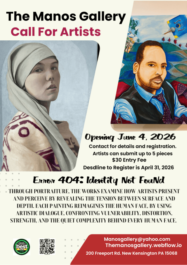 Promotional poster for The Manos Gallery's call for artists with details about the exhibition, entry fee, and registration deadlines. Features artwork styles and themes focused on portraiture and identity.