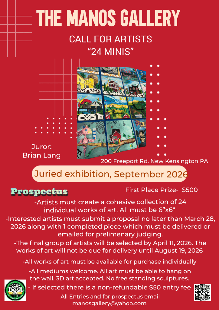 Promotional poster for The Manos Gallery's '24 Minis' art exhibition, featuring details about the call for artists and submission guidelines.