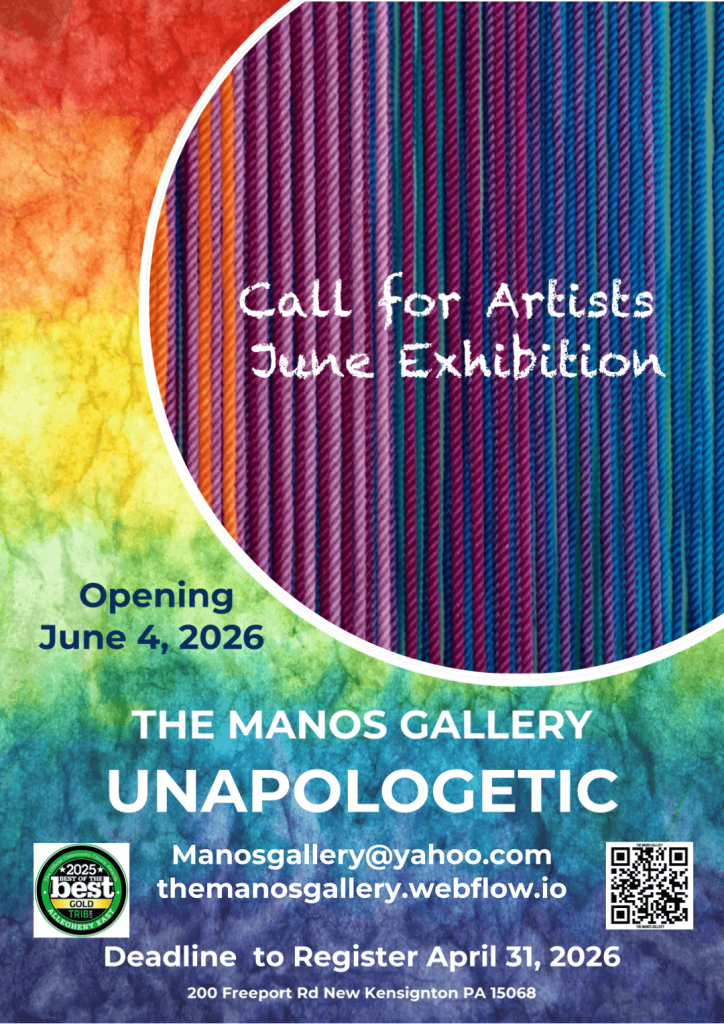 Promotional poster for The Manos Gallery's June 2026 exhibition titled 'UNAPOLOGETIC', featuring a colorful striped background and details about the event.