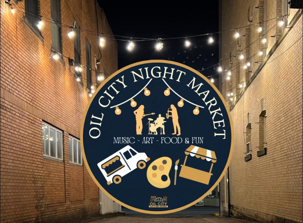 A night scene of an alley illuminated with string lights, featuring a circular logo for the Oil City Night Market, highlighting music, art, food, and fun.