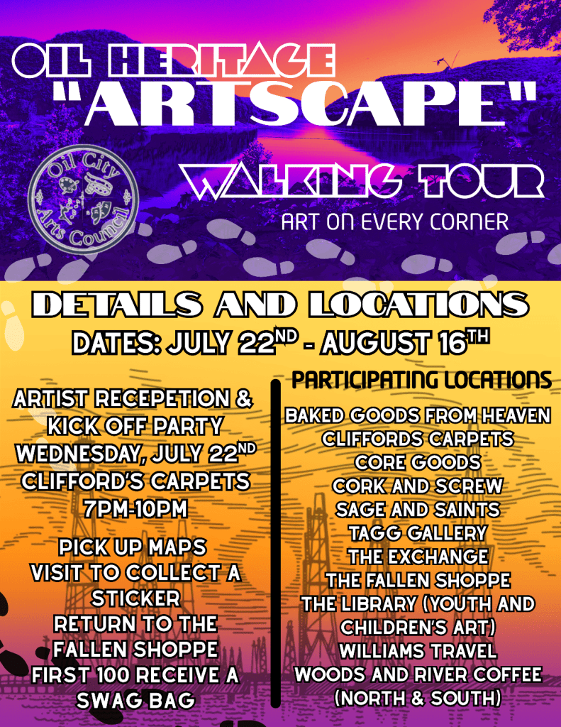 Promotional poster for the Oil Heritage 'Artscape' Walking Tour featuring event details, dates, and participating locations.