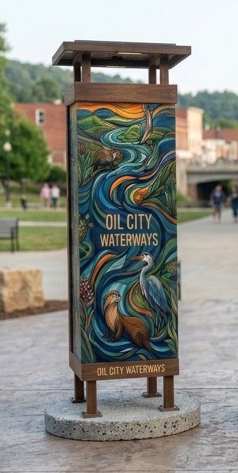 A decorative sign showcasing colorful artwork of waterways, featuring aquatic animals and plants, with the text 'OIL CITY WATERWAYS' prominently displayed.