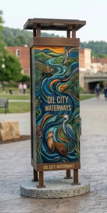 A vibrant informational sign for 'Oil City Waterways' featuring colorful artwork depicting rivers and wildlife, including an otter and a heron.