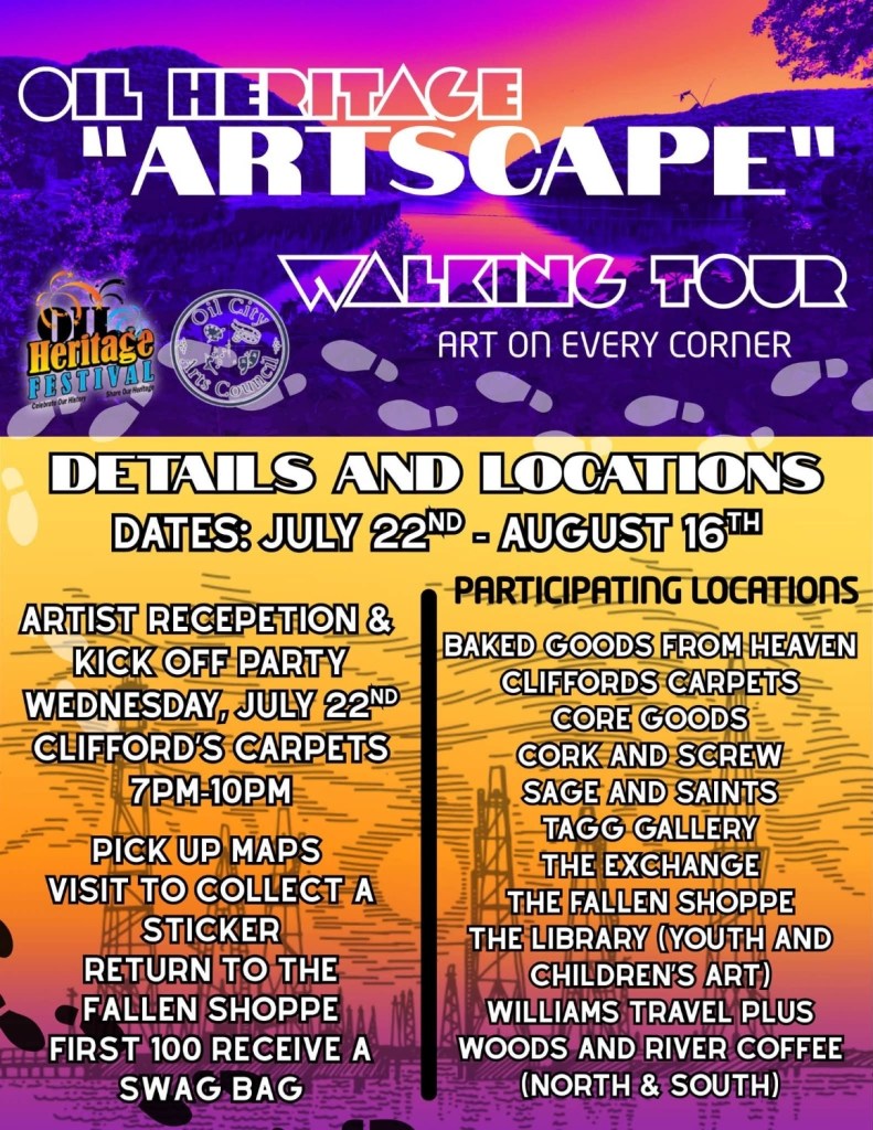 Promotional poster for the Oil Heritage Artscape Walking Tour, featuring event details, dates, and participating locations. Background shows a colorful sunset over a river with silhouettes of industrial structures.