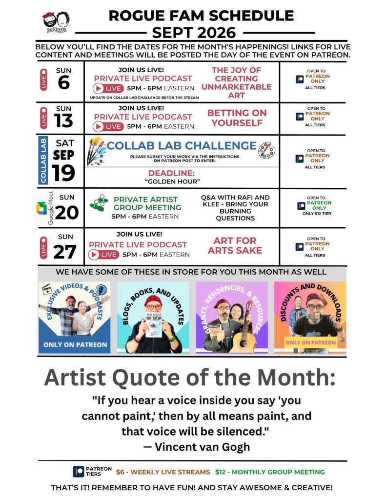 Schedule for Rogue Fam events in September 2026 including live podcasts, challenges, and artist group meetings.