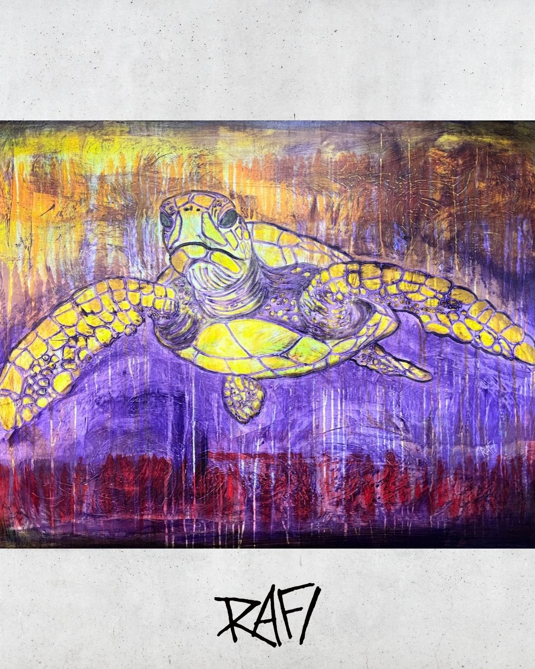Turtle (Alternate Colors) Original Painting By Artist Rafi Perez Mixed Medium On Canvas 3ftX4ft