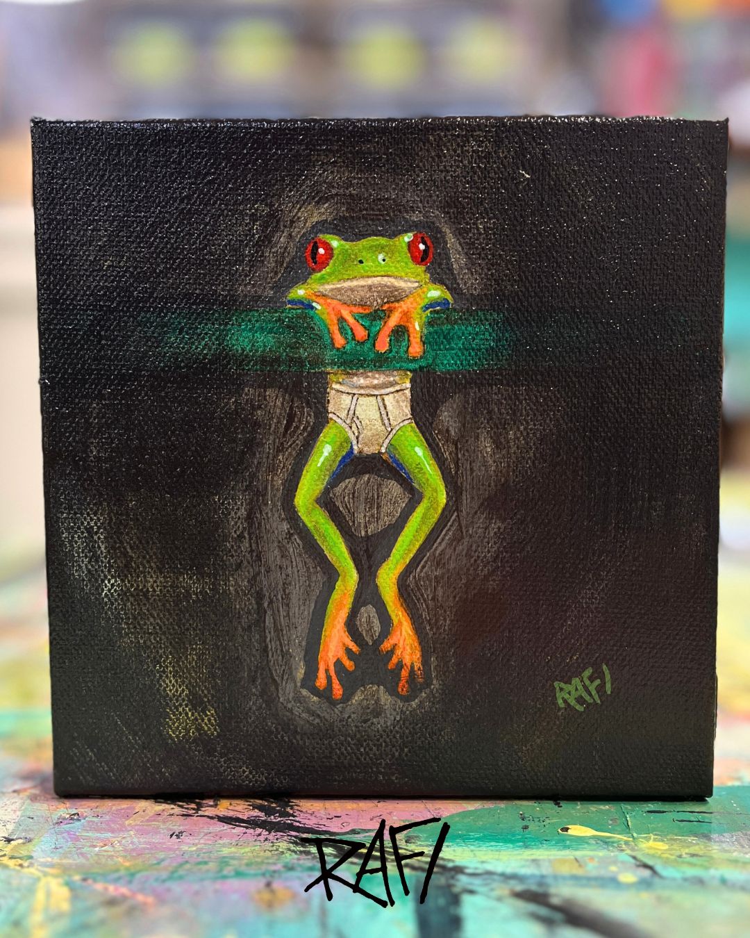 Hang In There Original Painting By Artist Rafi Perez Mixed Medium On Canvas 6×6